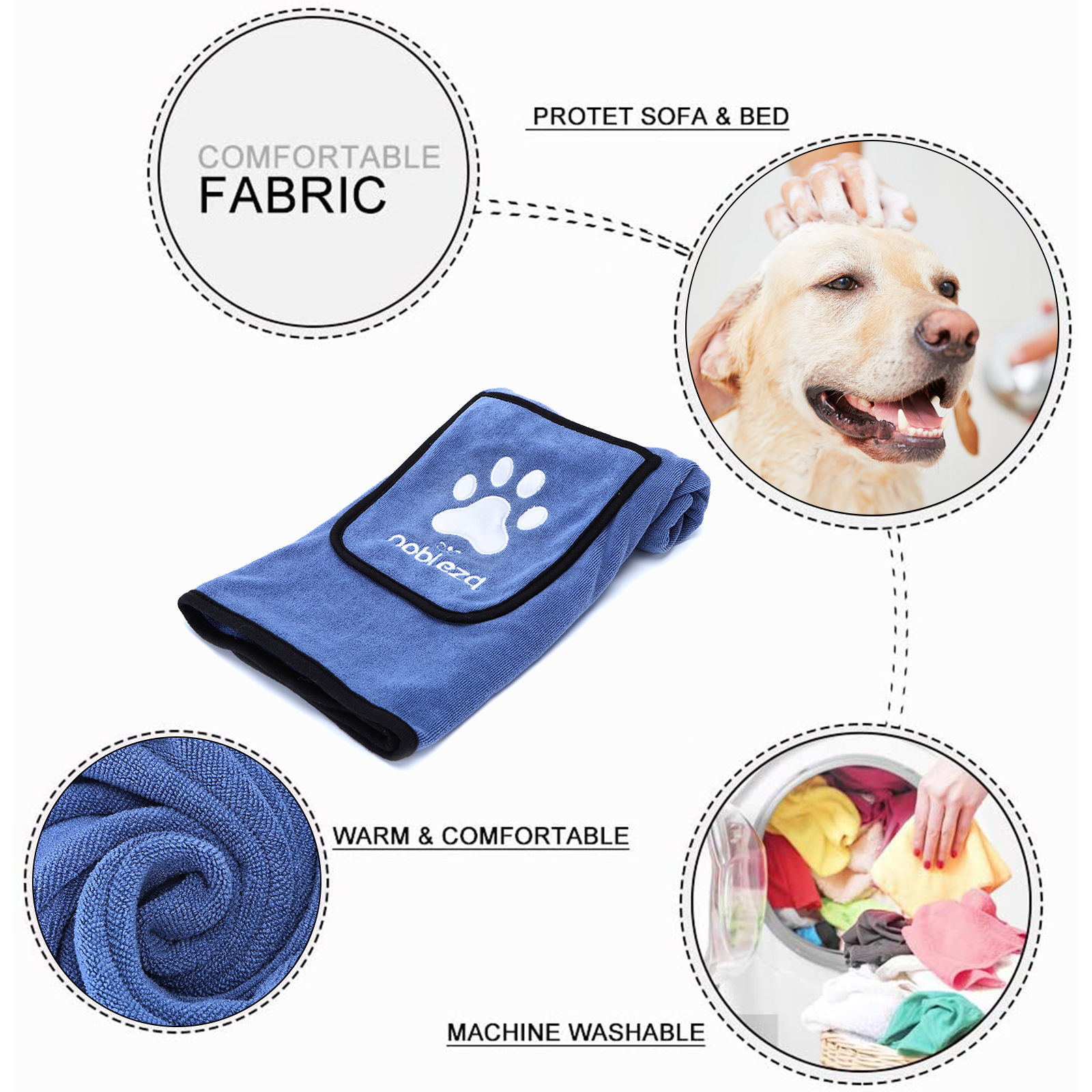 Toalha para cães Nobleza, macia e durável, ultra absorvente, ideal para secar cães de todos os portes.
