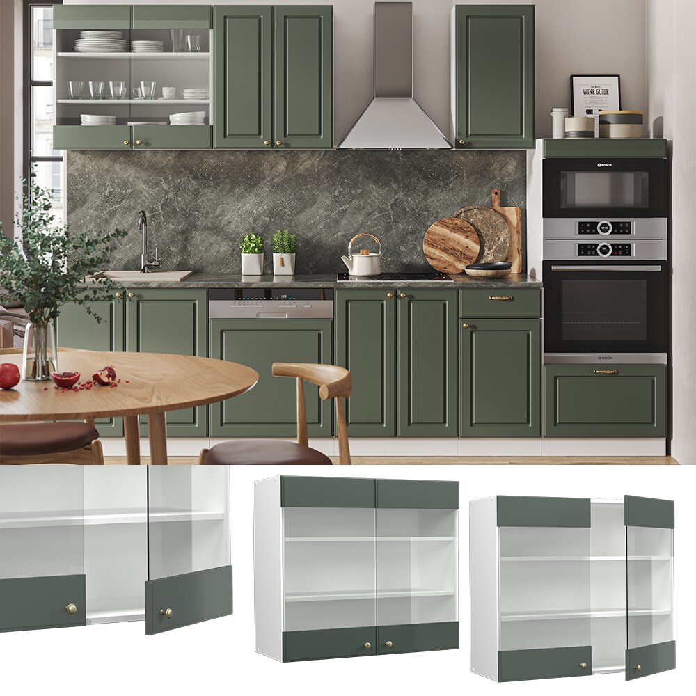 Vicco Hängeglasschrank Küchenschrank Küchenmöbel Fame-Line Weiß Grün-Gold Landhaus 80 cm Küche Einbauküche Hängeschrank Glasschrank Drehtür Einlegeboden Küchenzeile