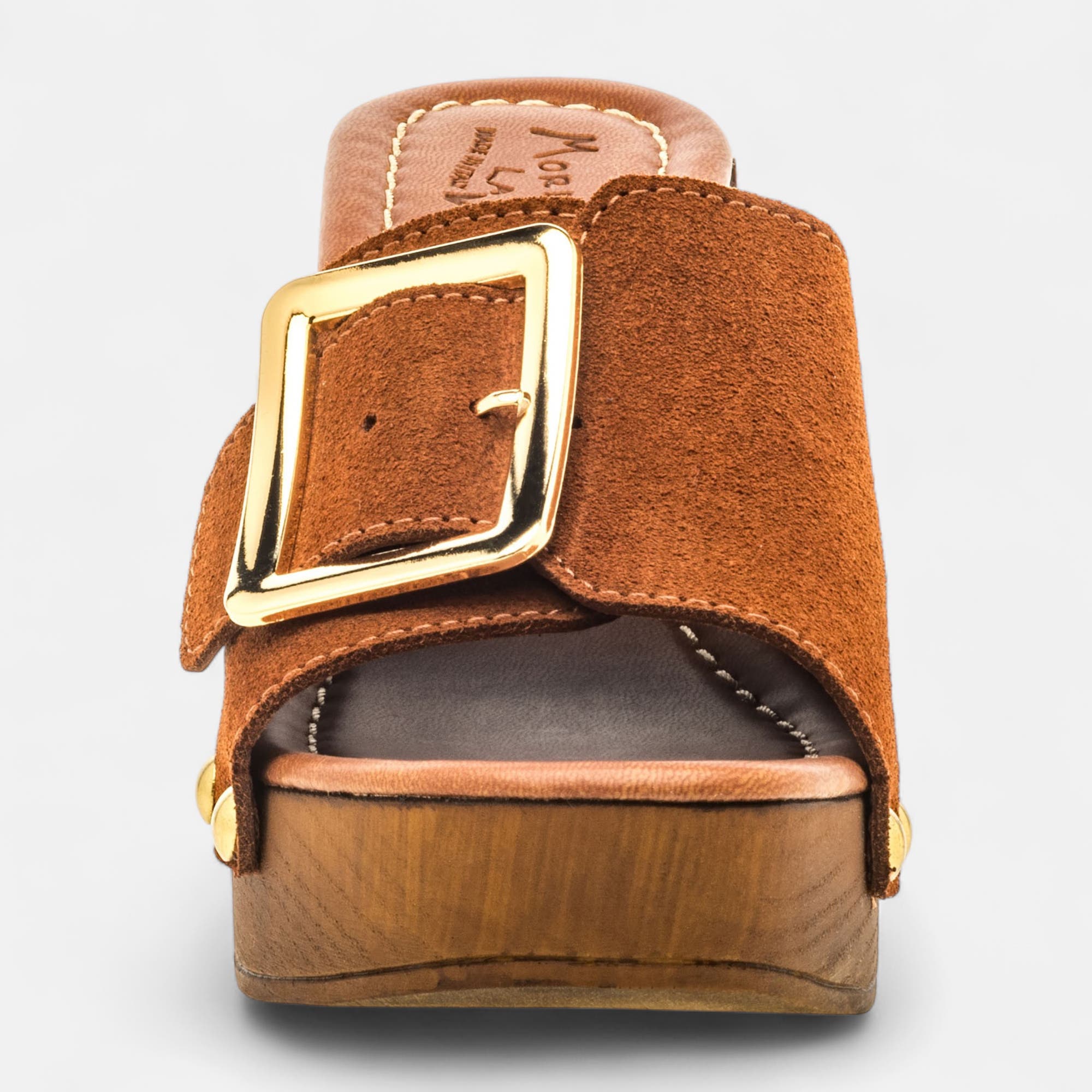 Chaussures semelle bois à talon Femme en cuir cognac