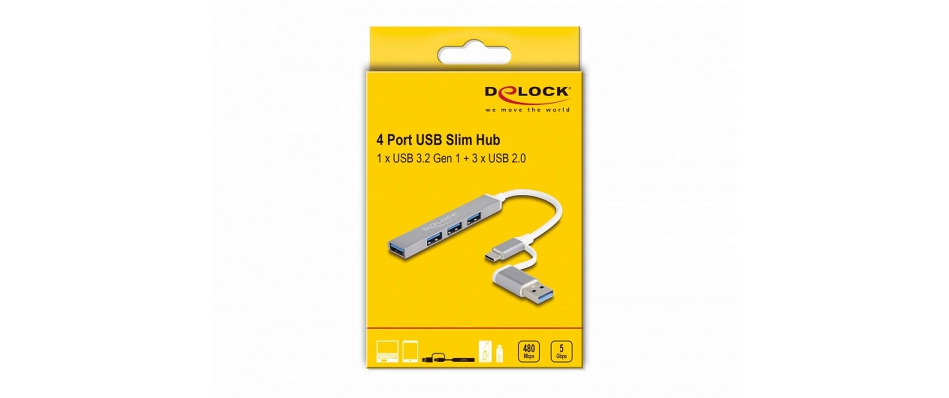 USB-Hub USB – C / USB – A zu 3x USB 2.0 + 1x USB 5 GbpsDelock 4 Port Slim USB Hub mit USB Type-C oder USB Typ-A zu 3x USB 2.0 Typ-A Buchse + 1x USB 5 Gbps Typ-A Buchse