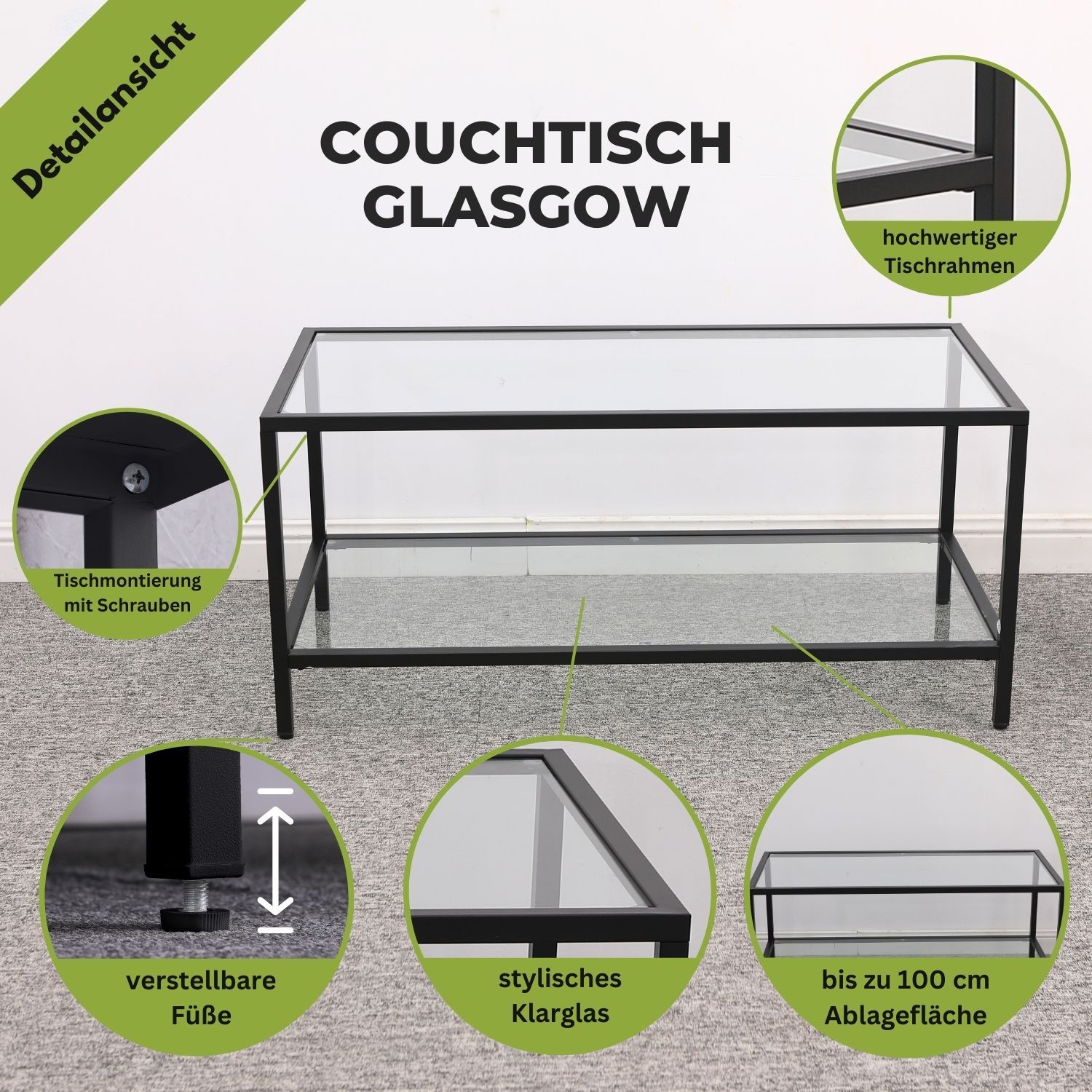 Mein-Regal Couchtisch Glasgow schwarz 100x50x45cm Metall Glasoberfläche Ablagefach