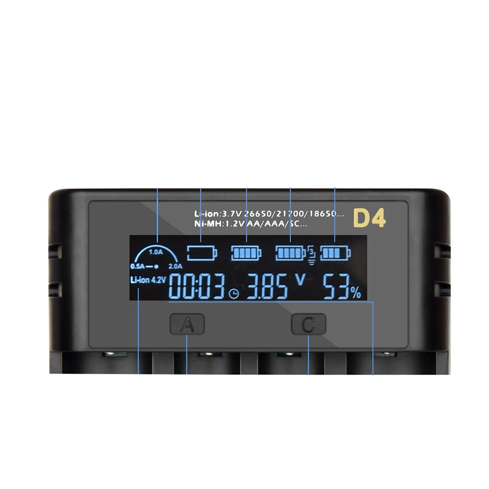 4-fach USB Batterieladegerät Akkuladegerät mit LCD Display für Li-Ion-Akkus AA / AAA / 18650 - Schwarz