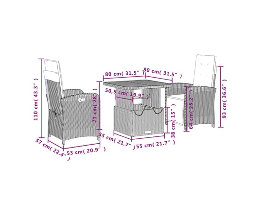 VIDAXL - Ensemble table et chaises Ensemble à manger de jardin avec coussins 3 pcs noir