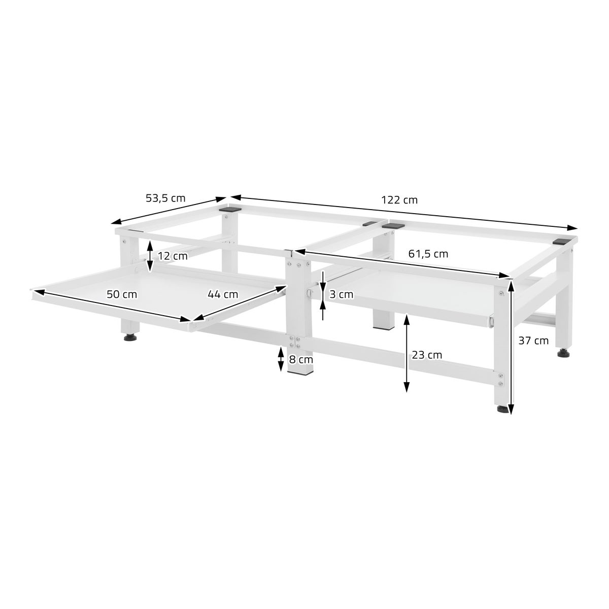 ML-Design Dubbele Wasmachine Onderstel met 2 Uitschuifbare Planken, Wit, Staal, tot 2 x 150 kg + 10 kg, Verstelbare Voeten, Dubbele Wasmachine Onderstel, Dubbele Onderstel, Dubbel Platform, Verhoger