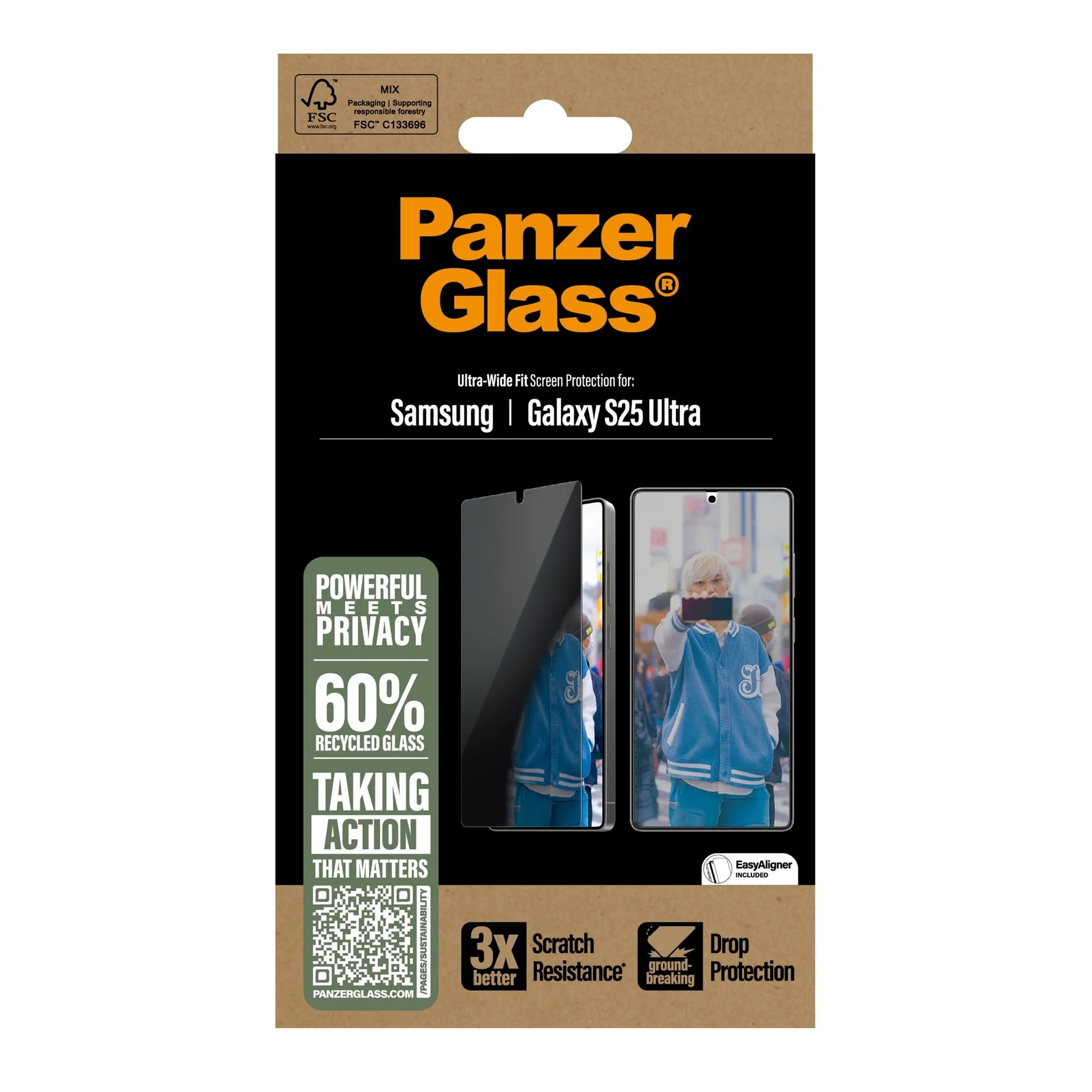 Samsung Galaxy S25 Ultra Antibakterielle Ultra Wide Fit Privacy Panzer Glas Displayschutz mit Montagerahmen Recycled (PGRPUWFG38488)