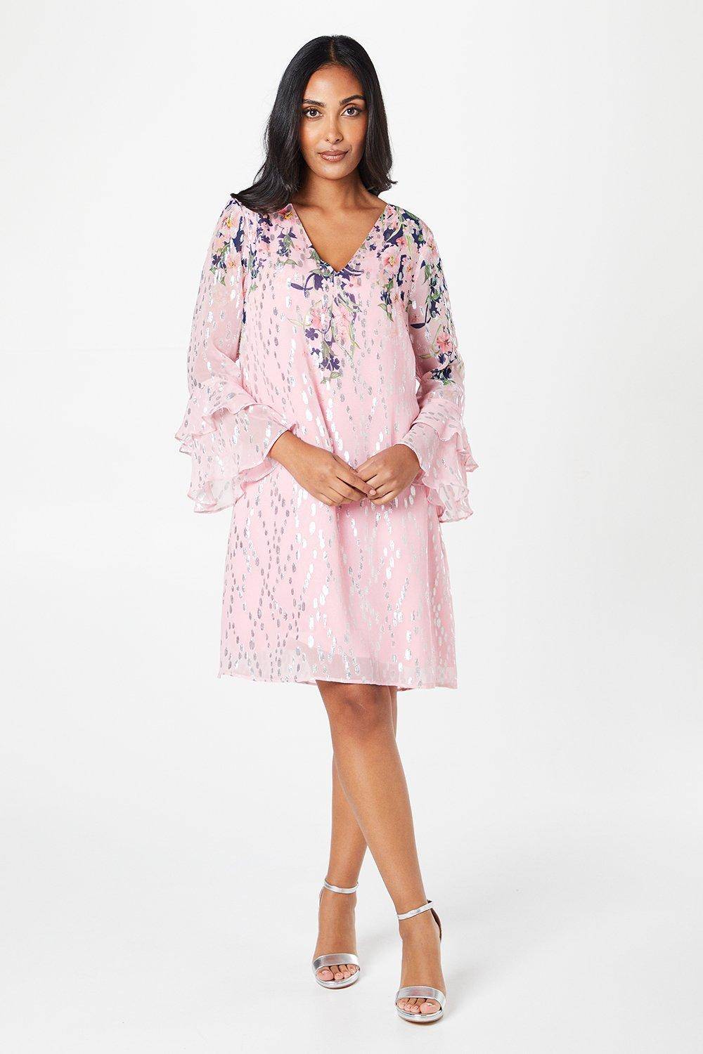 Wallis Robe Droite à Manches Volantées Métallisée Florale Petite