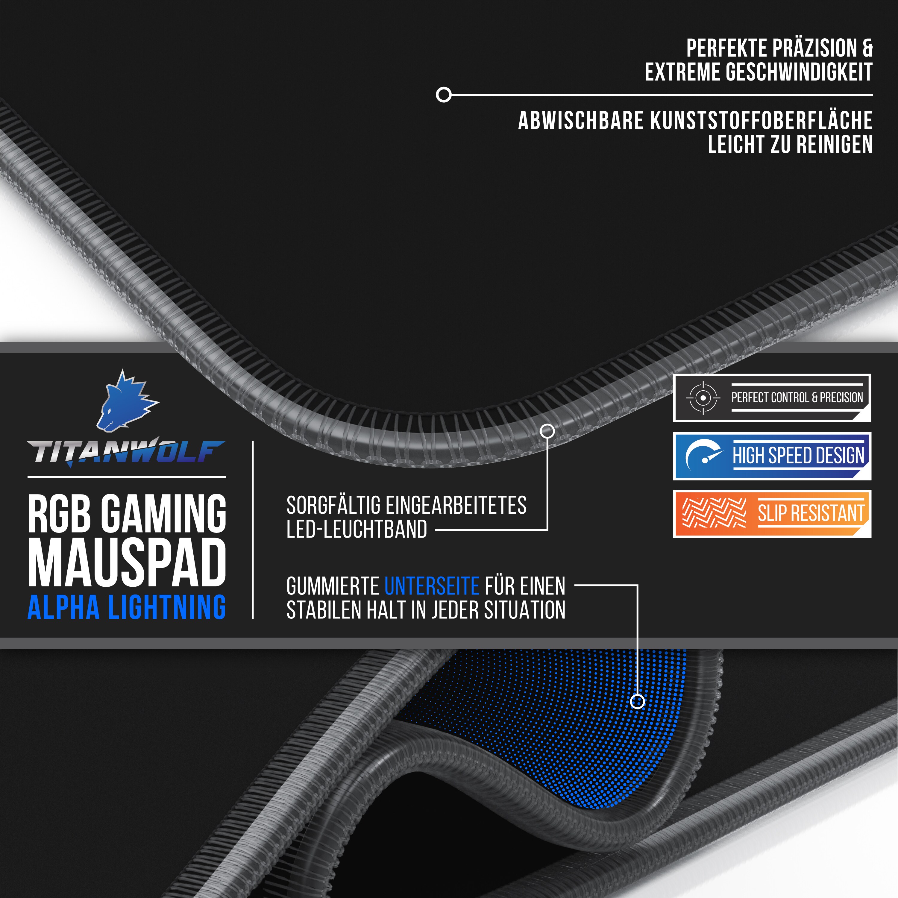 Titanwolf XXXL RGB Gaming Mauspad - 1200 x 600 mm - Mousepad - LED Multi Color - 7 LED Farben Plus 4 Effektmodi - für Präzision und Geschwindigkeit