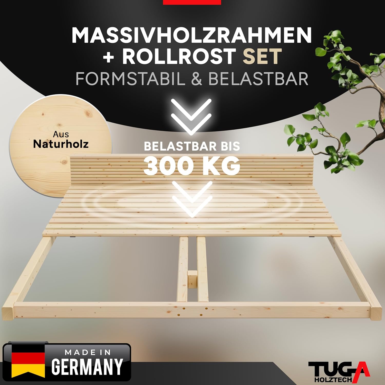 TUGA - Holztech Rollrost und Auflagerrahmen Lattenrost 120 x 200 cm 300kg Palettenbett Gästebett