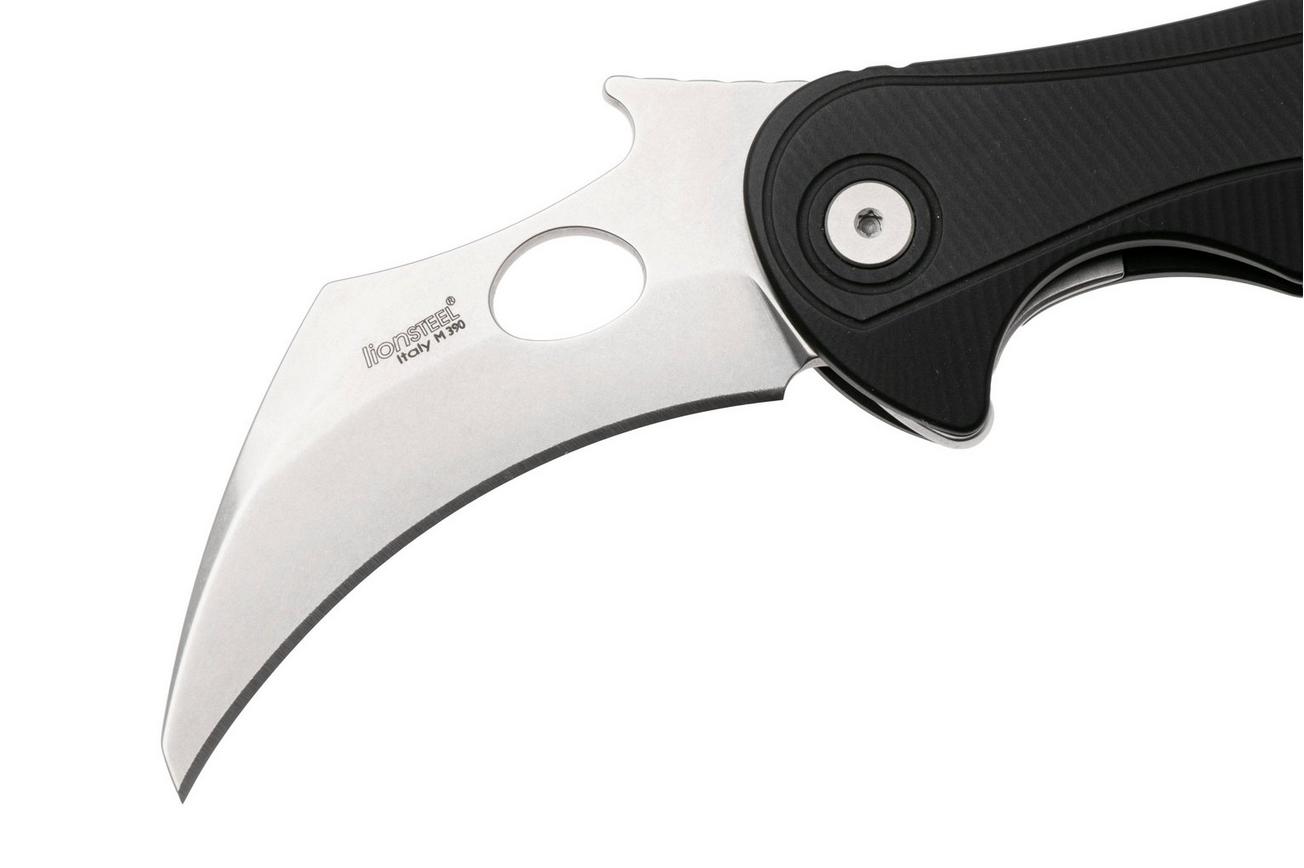 LionSteel L.E.One Mid LE2-BS, Stonewashed M390, Black Aluminum, karambit zakmes