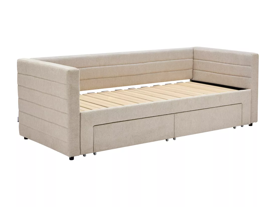 Lit gigogne 2 x 80 x 200 cm - Avec sommier peigne et tiroirs - Tissu texturé - Beige - CAMITY