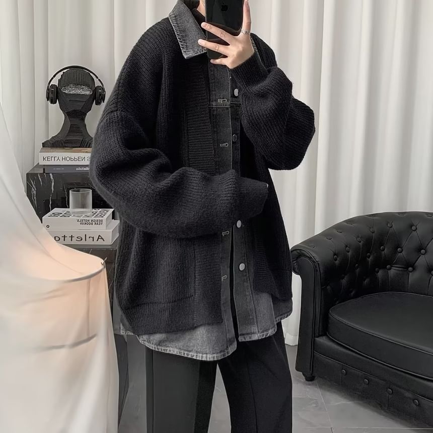 Cowpow - Kraag Tweekleurige Mock Tweedelige Geribbelde Oversized Cardigan