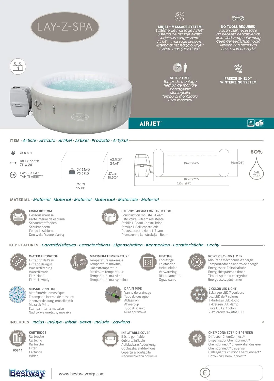 Spa gonflable rond BESTWAY Lay-Z-Spa® Miami Airjet™ 2 - 4 personnes