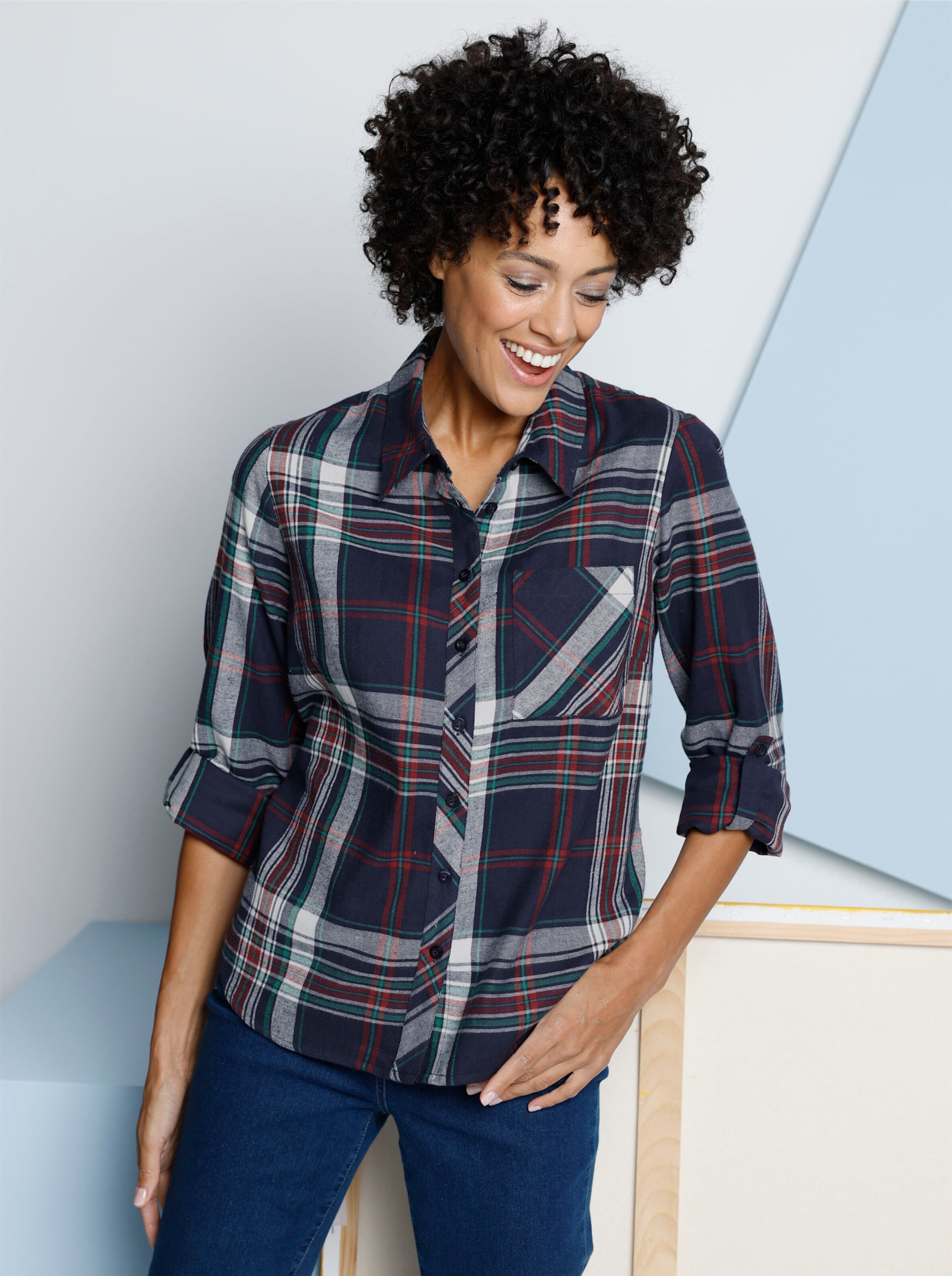 Flanellbluse mit krempelbaren Ärmeln