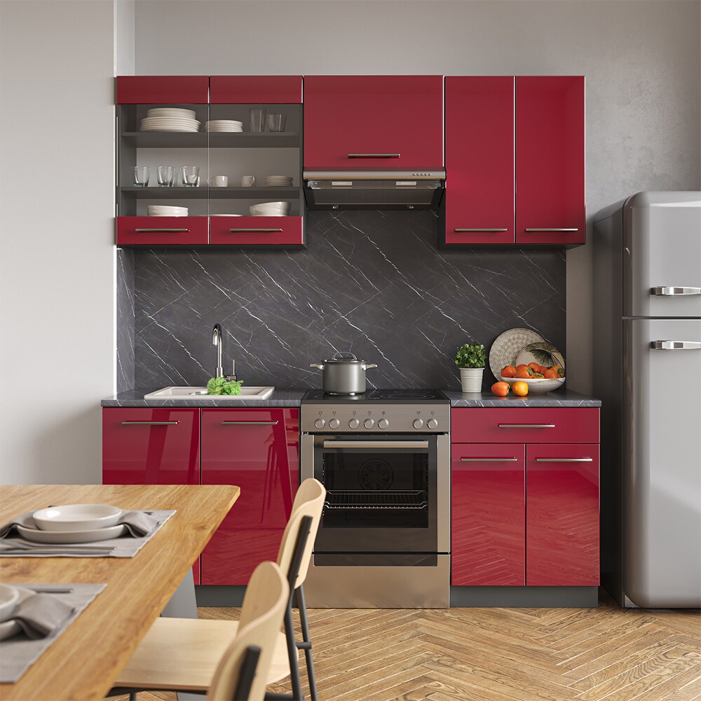Vicco Küchenzeile Küchenblock Einbauküche 200cm Fame-Line Bordeaux Hochglanz