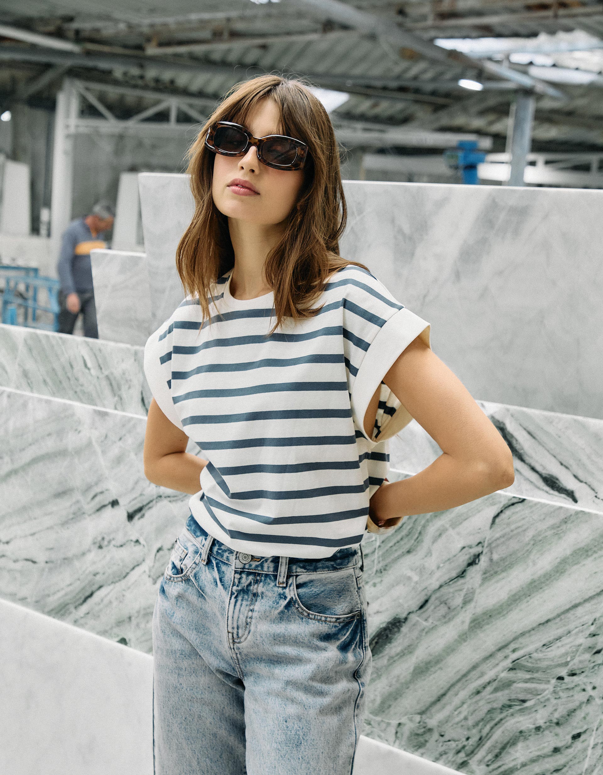 T-shirt Riscas, Mulher, Azul