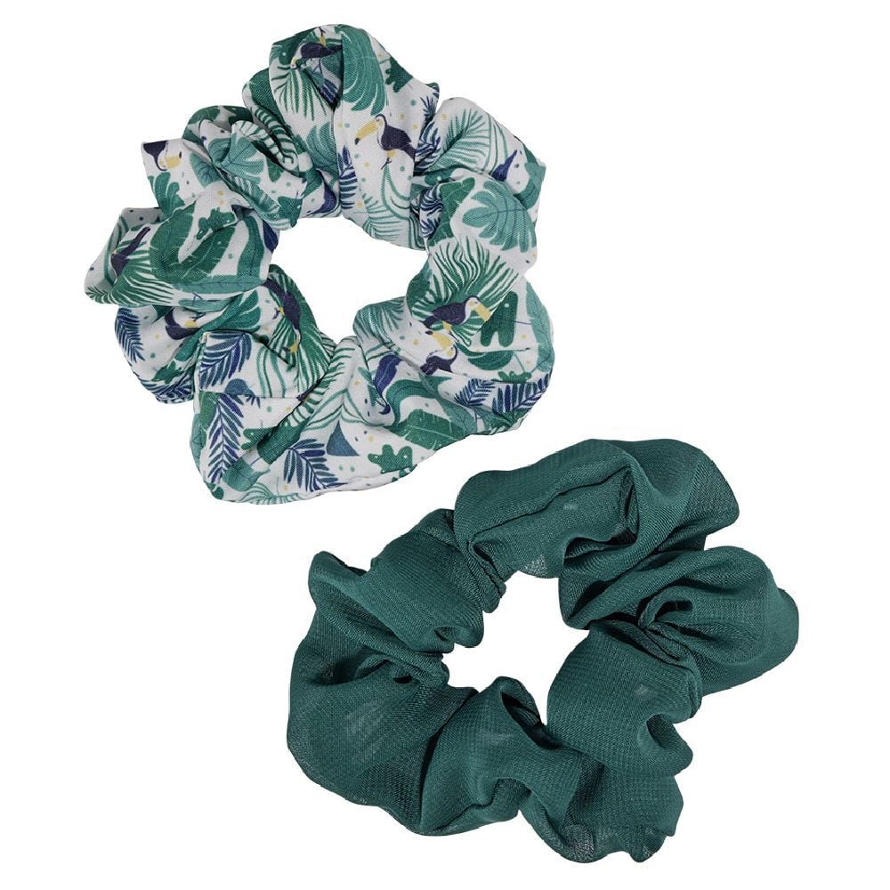 Chouchou motif feuillage toucan et uni vert Ø10cm x2