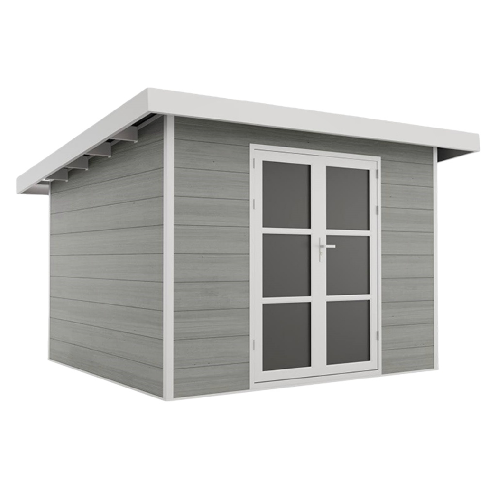 Abri de jardin en composite à toit plat – double porte vitrée – design moderne gris clair