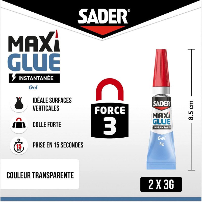 Colle en gel Maxi Glue instantanée tous matériaux Sader - Lot de 2 tubes de 3 g