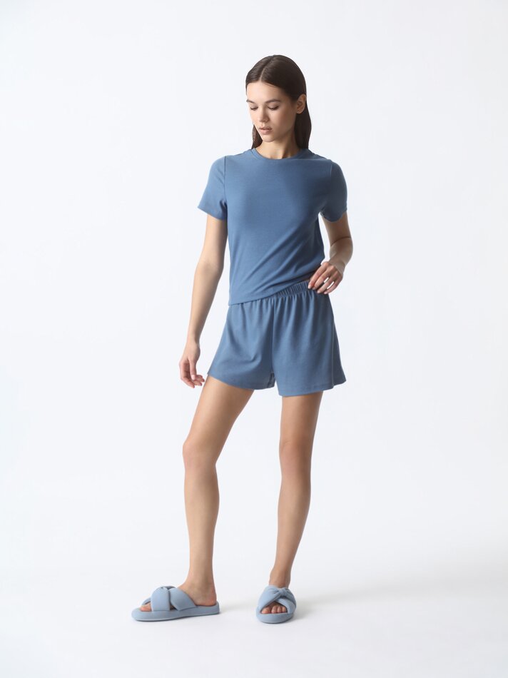 Shorts de pijama em malha canelada - Azul petróleo