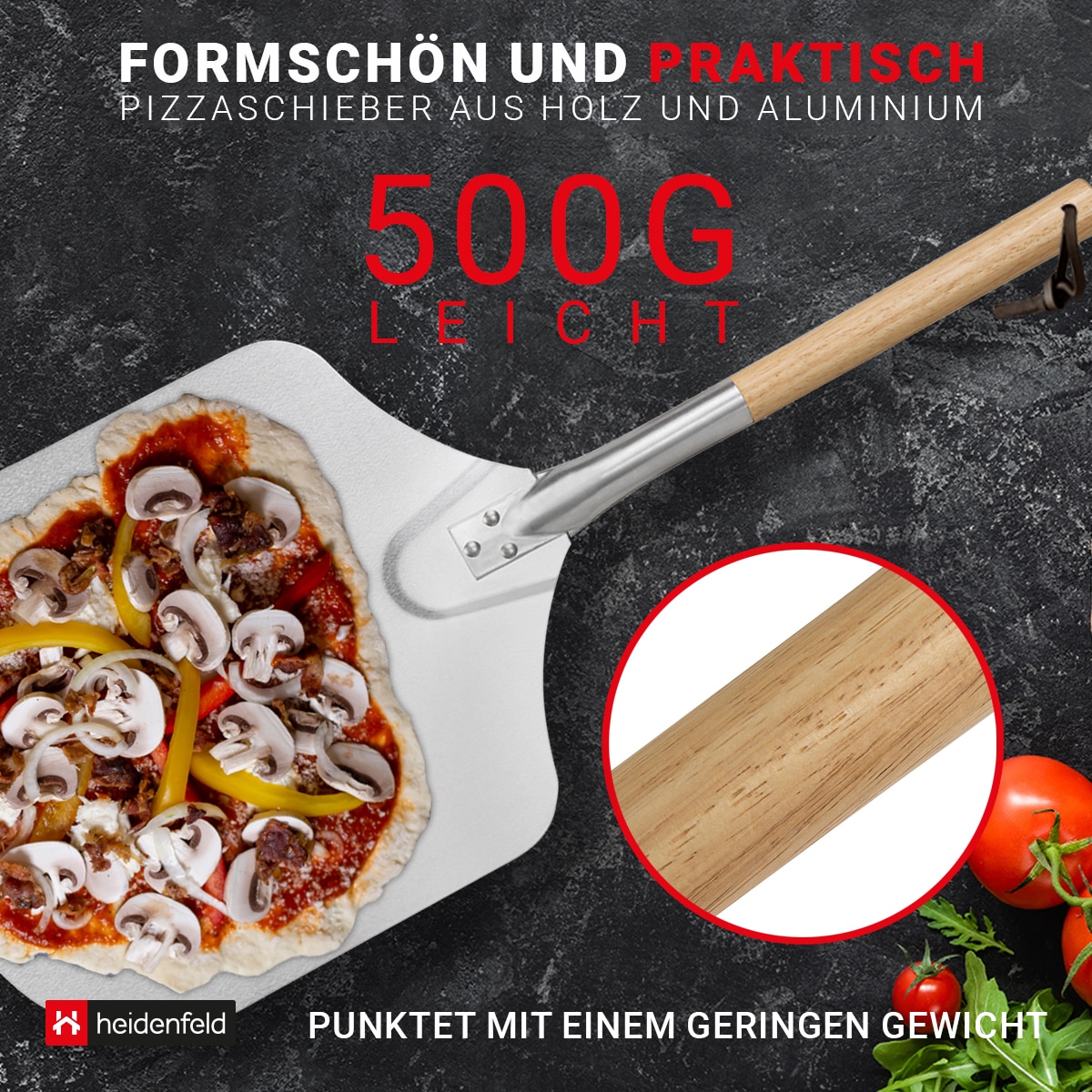 Heidenfeld Pizzaschieber Catania, Holz, Aluminium, 30,5 cm, Pizzaschaufel mit abnehmbarem Holzgriff