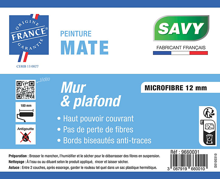 Lot 2 rouleau manchons peinture mat 18 cm + monture bi-matière Savy
