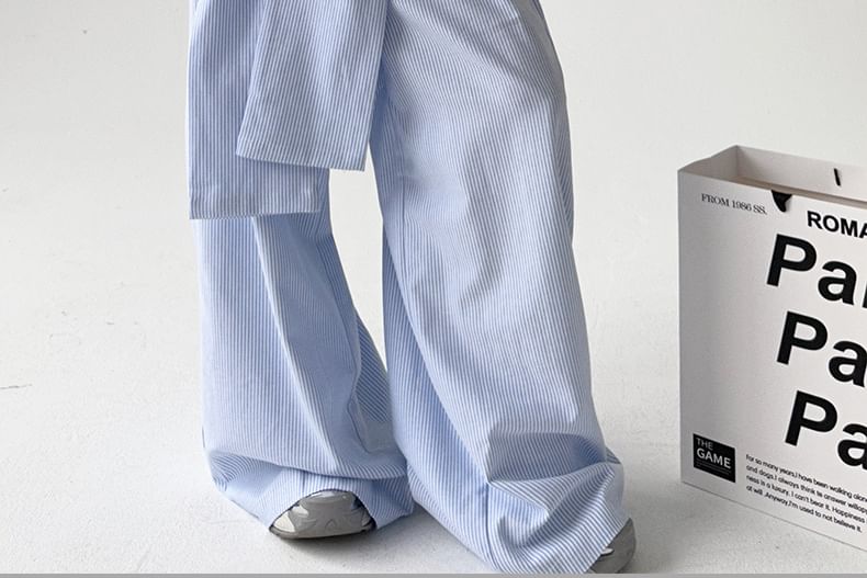 Rosesand - Gestreepte, losse, wijde broek met lage taille