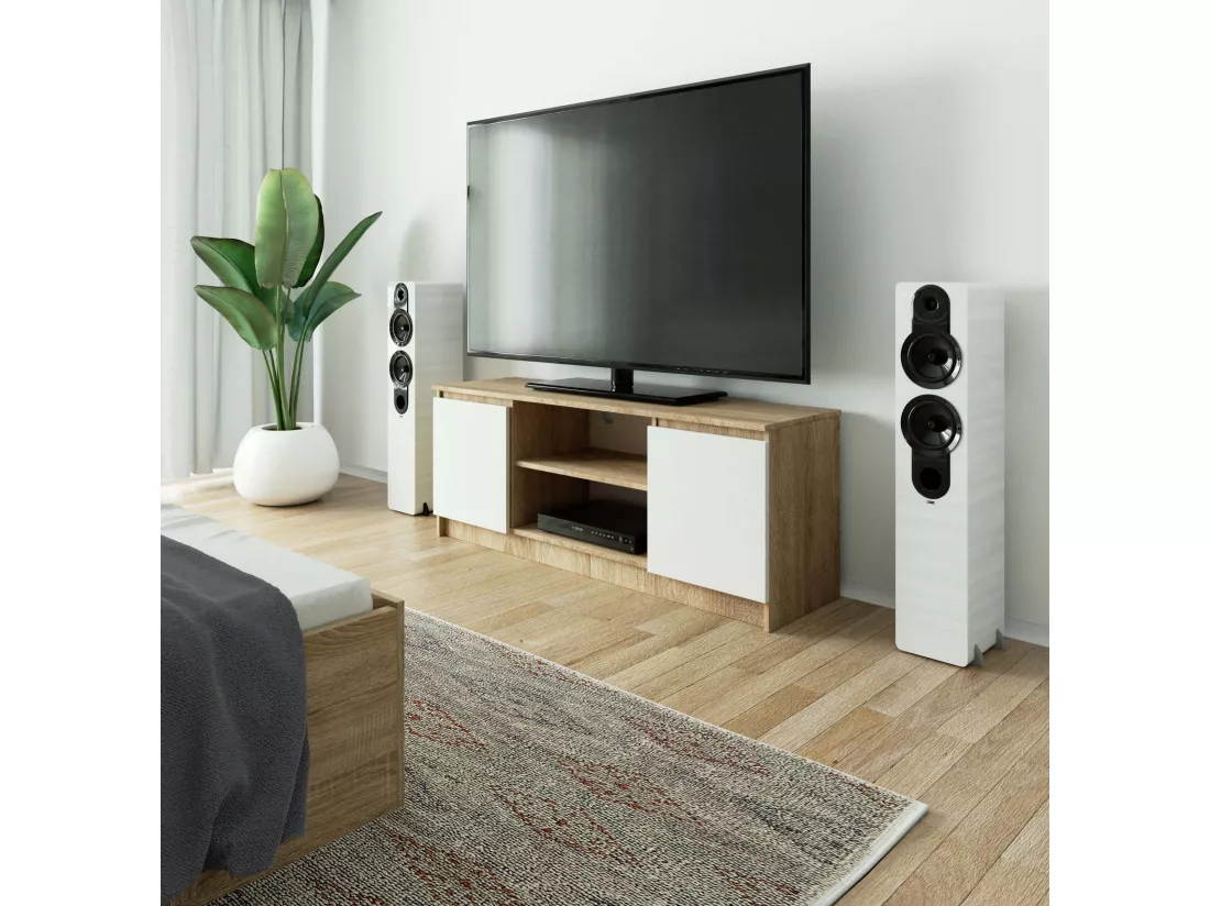 Meuble TV pour salon AKORD Chêne Sonoma 140 cm 2 portes façade Blanche 2 étagères 140x40x55 cm