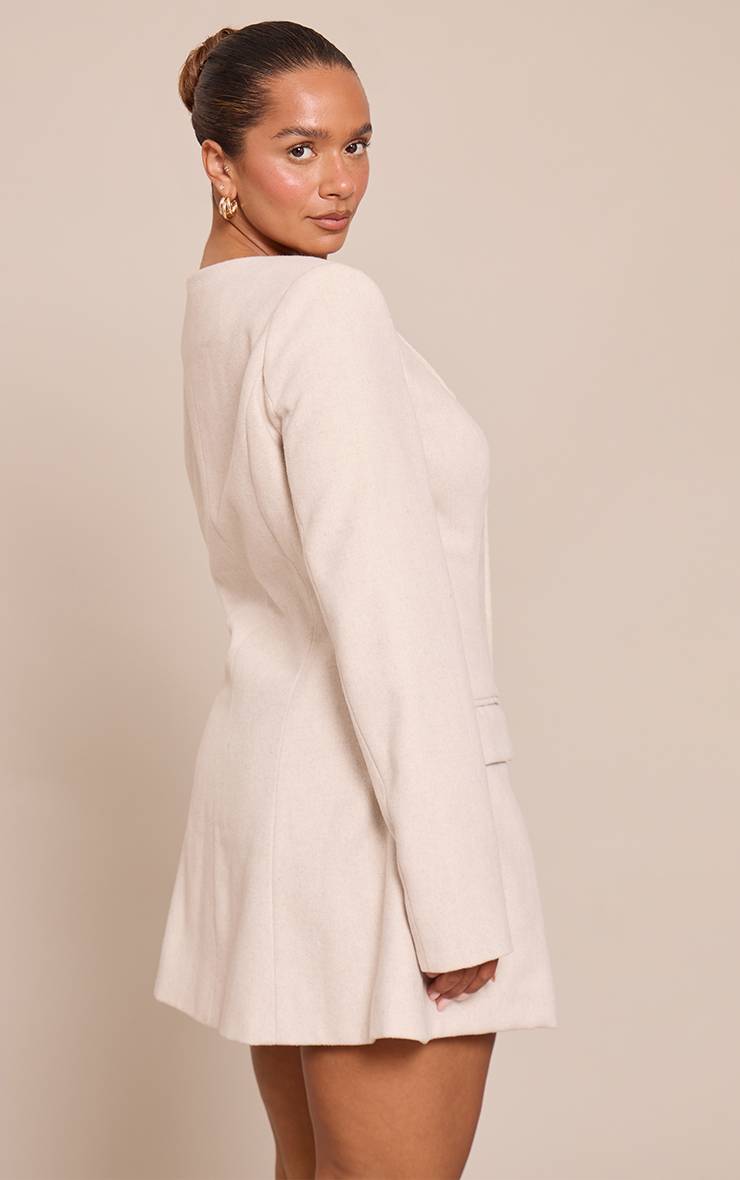 Crème Robe Blazer Cintrée Aspect Laine Boutonnée Devant