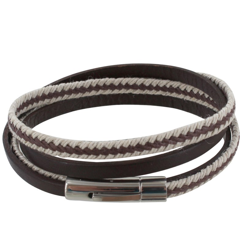 Bracelet Homme Double Tour Cuir Marron Fonc? Tresse en Lin Marron et Beige - taille 20 cm