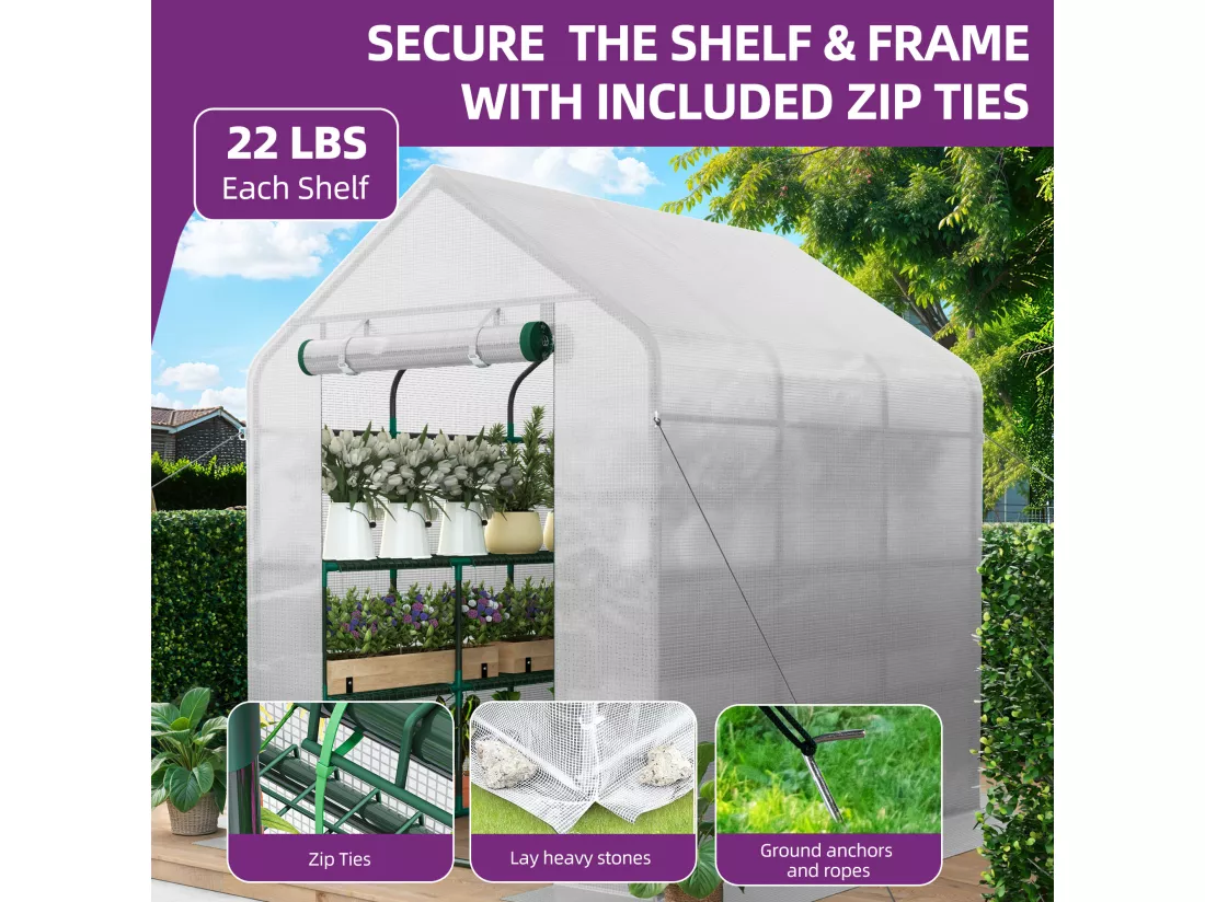 YITAHOME Serre de Jardin Blanc - 3 Niveaux 18 étagères - en Polyéthylène avec Fermeture éclair - Jardin extérieur - 143 x 214 x 195cm