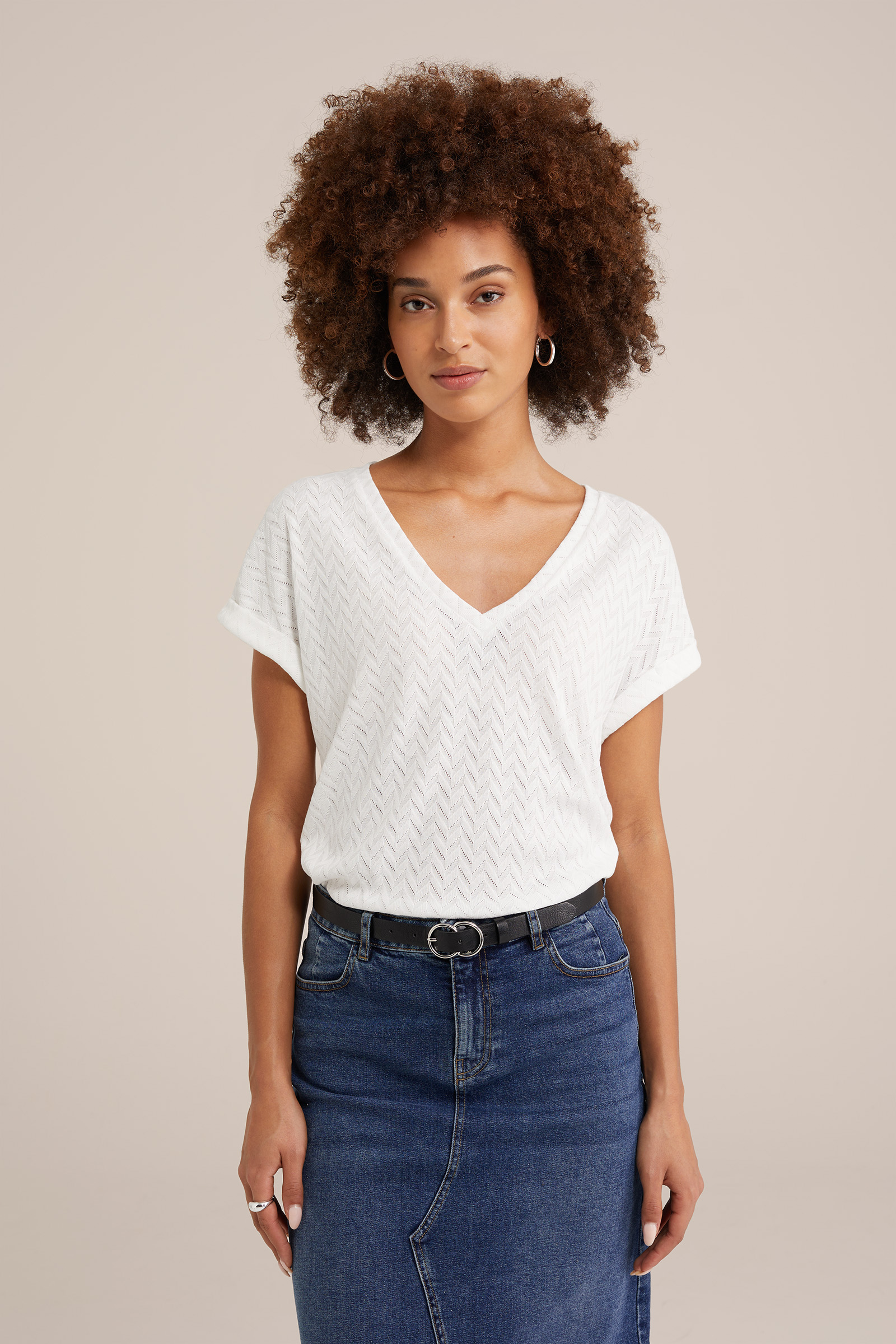 T-shirt met opengewerkt dessin WE Fashion Wit