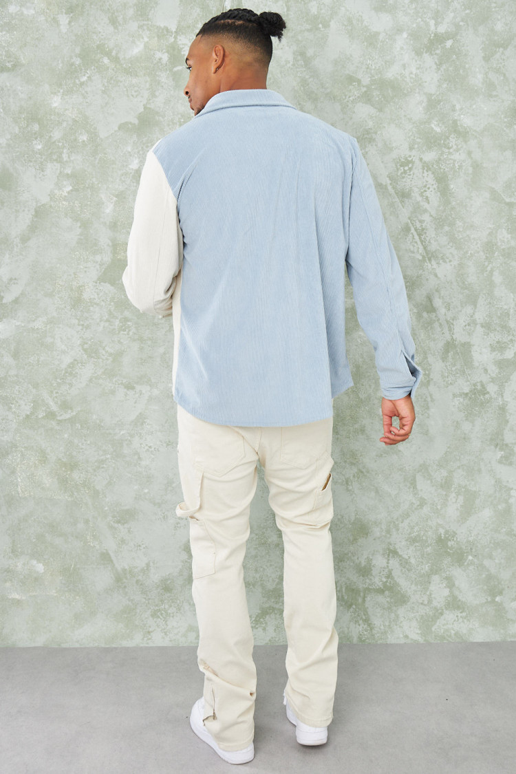 Chemise bicolore bleue et beige en velours côtelé