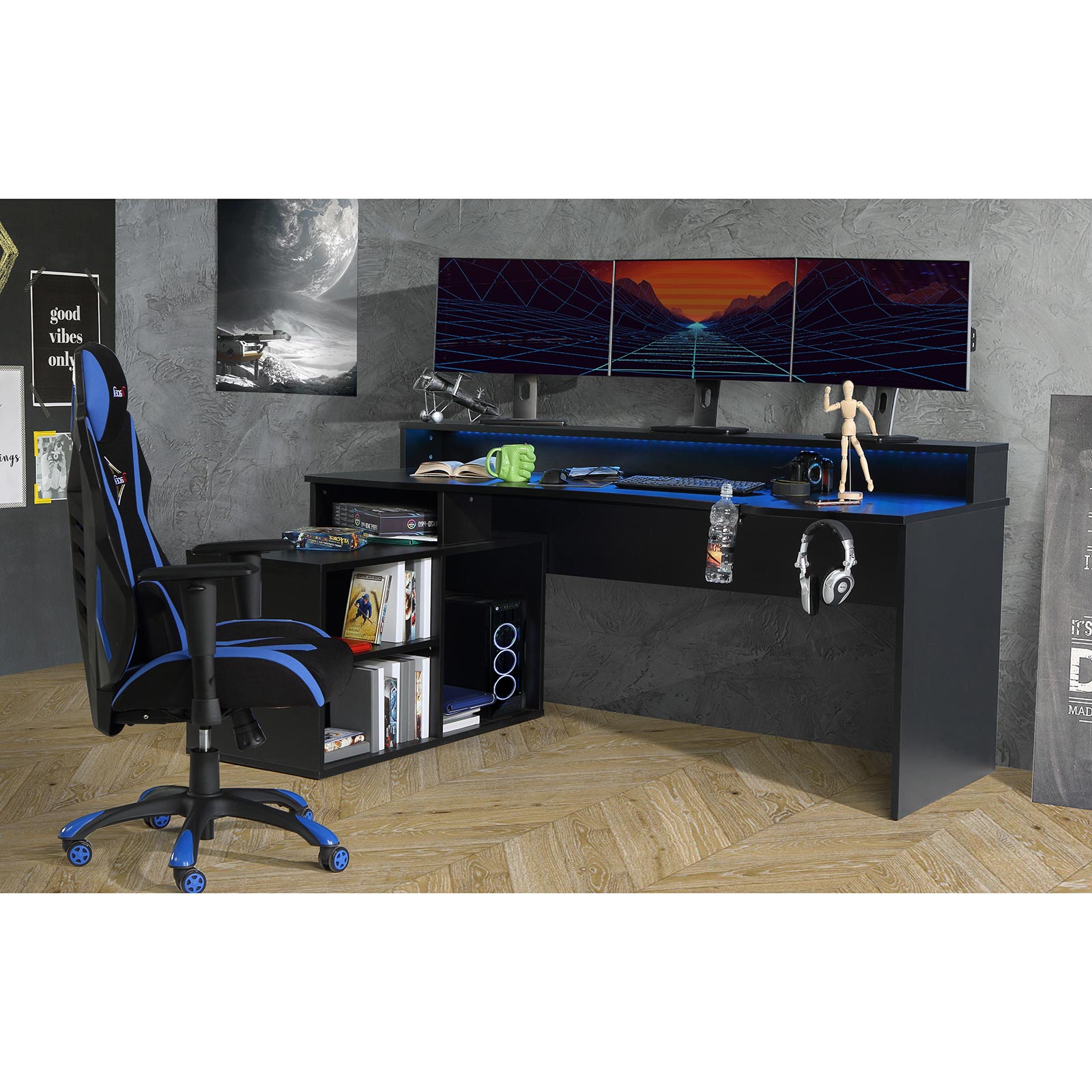 Gamer-Schreibtisch - schwarz - mit LED-Beleuchtung - 200 cm breit