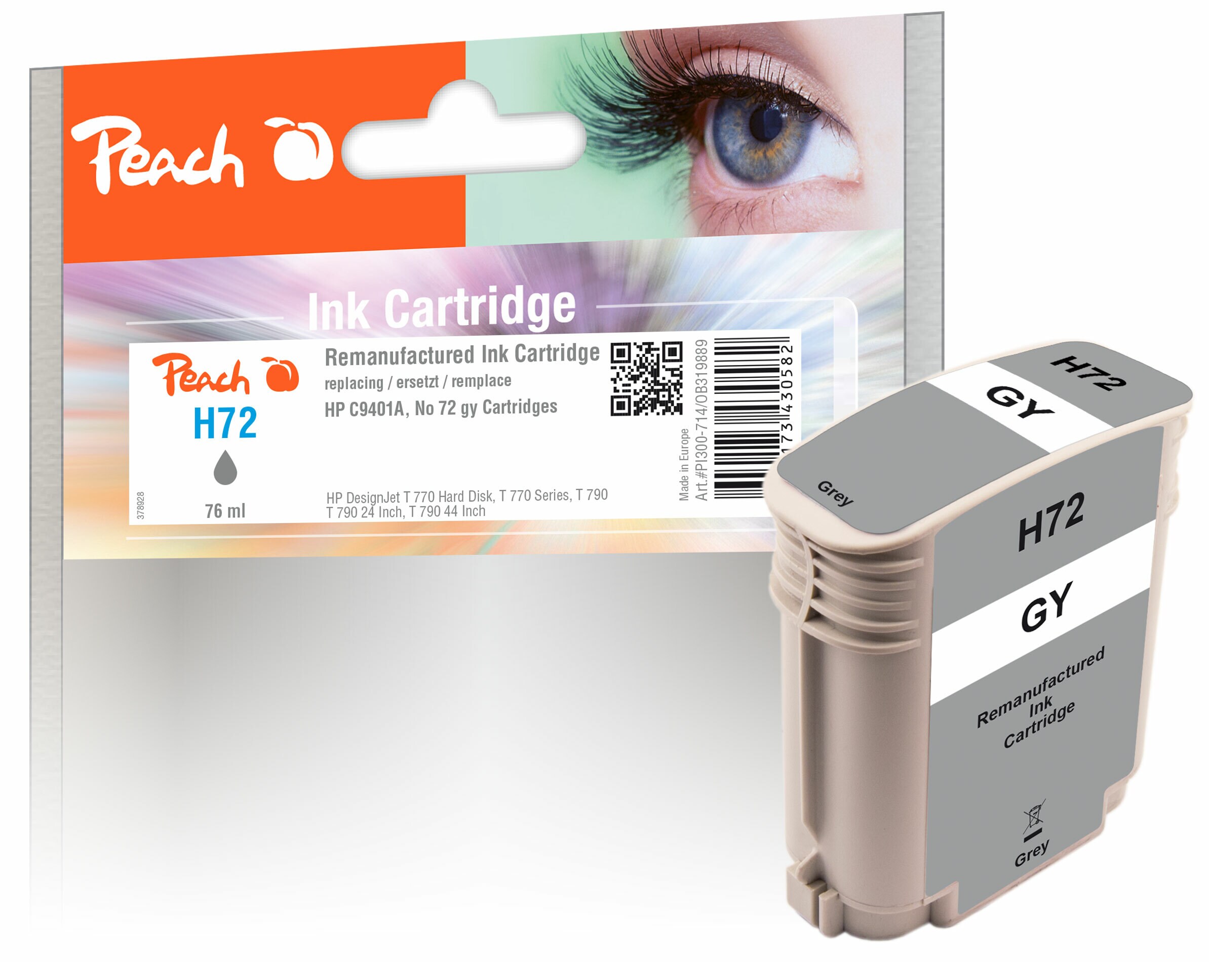 Peach HP 72 GY Druckerpatrone gy ersetzt HP No. 72 GY, C9401A für z.B. HP DesignJet T 1100 24 Inch, HP DesignJet T 1100 44 Inch, HP DesignJet T 1100 MFP (wiederaufbereitet)