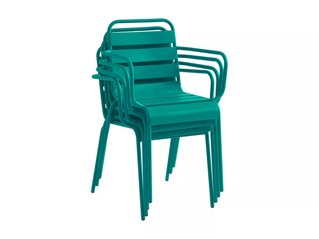 Salle à manger de jardin en métal - une table L.160 cm avec 2 fauteuils empilables et 4 chaises empilables - Bleu canard - MIRMANDE de MYLIA