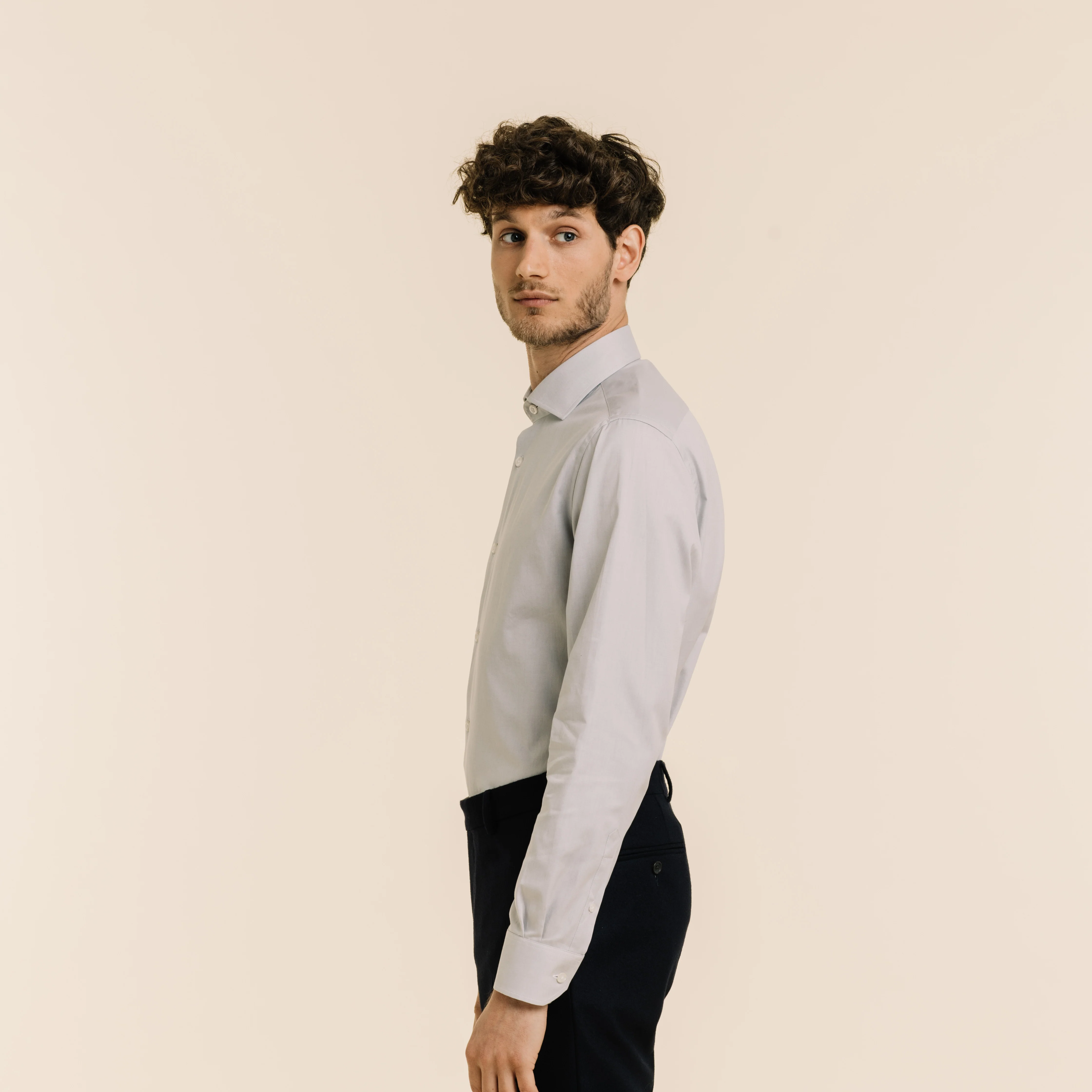 Fitted gray double-twisted oxford shirt