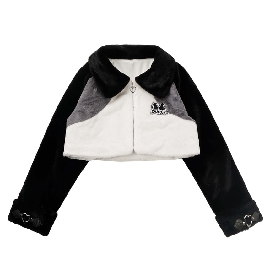 Florimi - Fleece cropped jack met kraagapplicatie en rits / Lange mouwen gebreide top met konijnenprint / Veterjack / Bootcut-broek / Broek met wijde pijpen