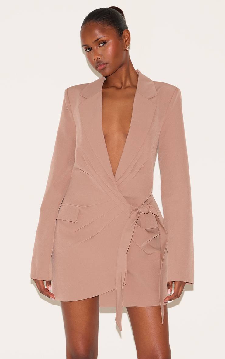 Taupe Robe Blazer Plongeante À Liens Latéraux
