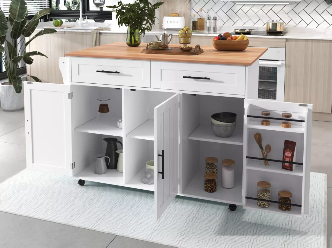 Ilot central de cuisine mobile - Plateau extensible - 2 tiroirs + portes d'armoire de rangement - Blanc