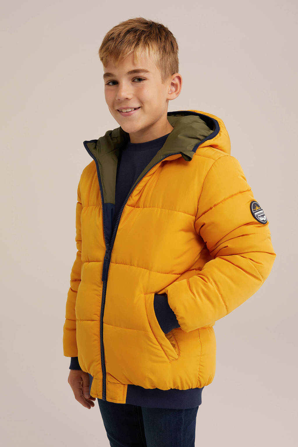 WE Fashion reversible gewatteerde winterjas geel/donkerblauw/olijfgroen
