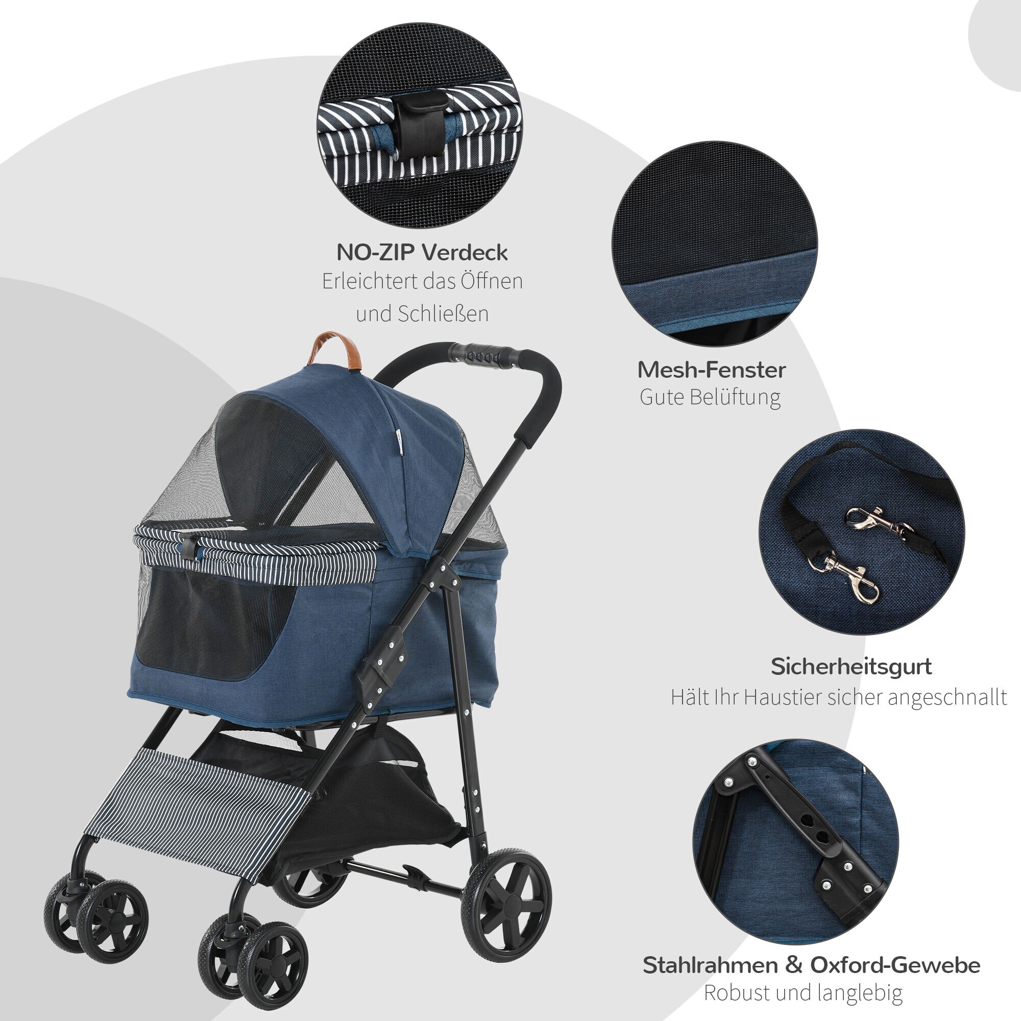 PawHut Hunde-Buggy für kleine Hunde Dunkelblau, Schwarz 76 x 51 x 101 cm (LxBxH)