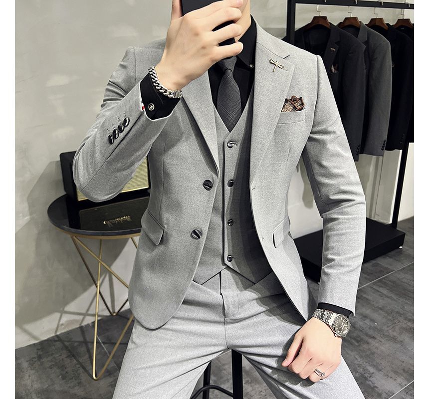 Deepwood - Set: effen enkelrijs blazer + vest + rechte pantalon