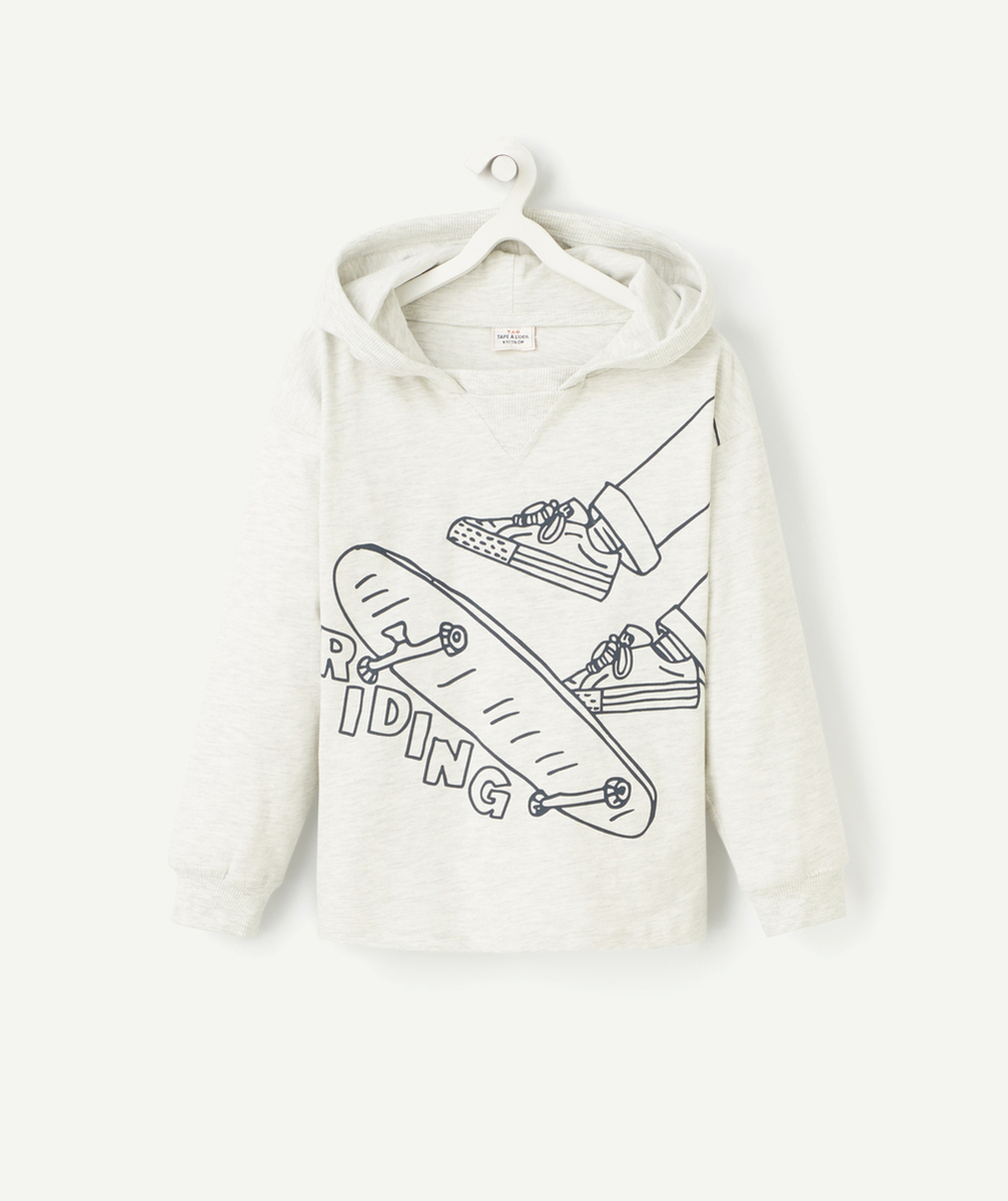 T-SHIRT À CAPUCHE GARÇON EN COTON BIO GRIS MOTIF SKATE ET MESSAGE