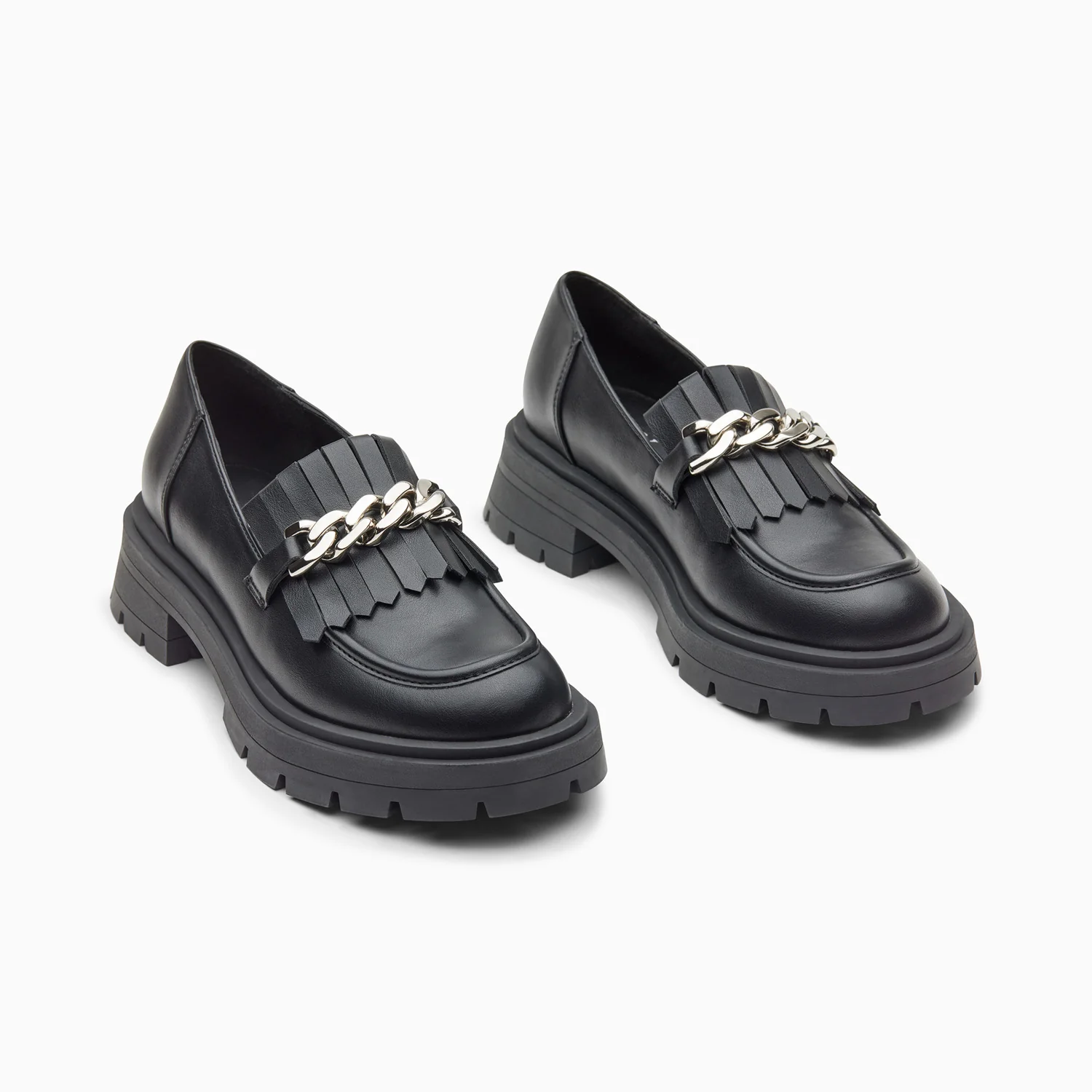 Mocassins, Derbies, Ballerines-Mocassins Angèle noirs à chaîne argent et semelle crantée