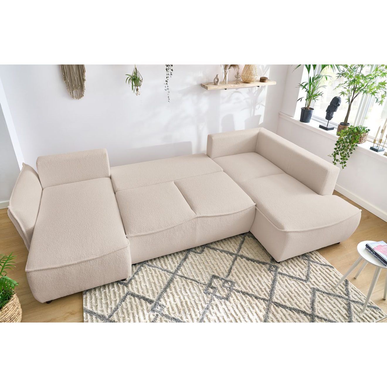 Bobochic Canapé panoramique convertible coffre d'angle gauche bouclette léon beige - 320x194x90 cm