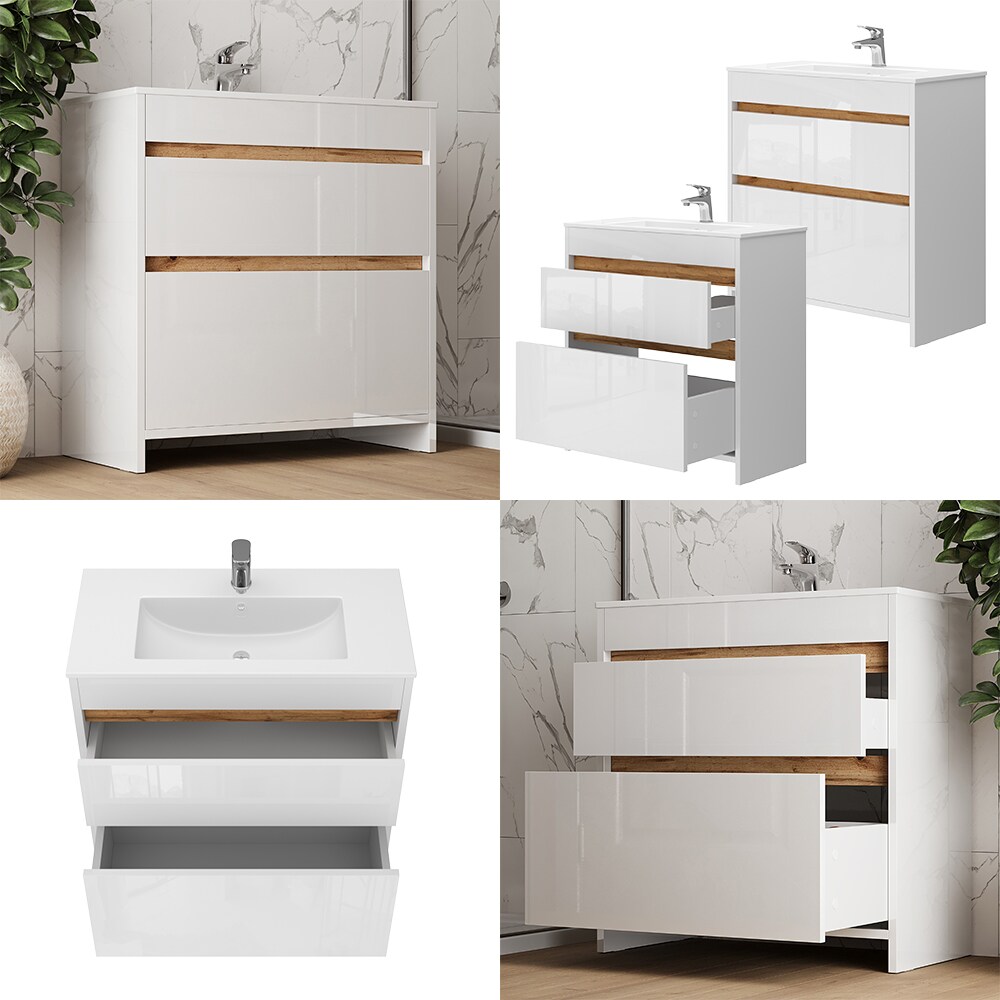 Vicco Waschbecken mit Unterschrank Detmold 80 cm breit, Waschtisch stehend Weiß