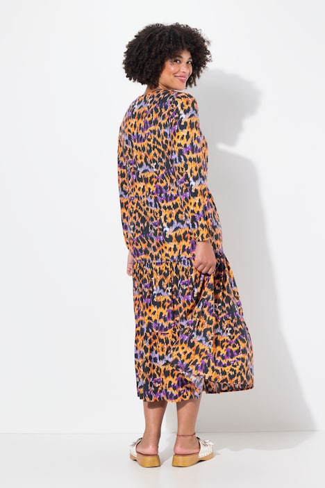 Maxikleid, Color-Leomuster, Volants