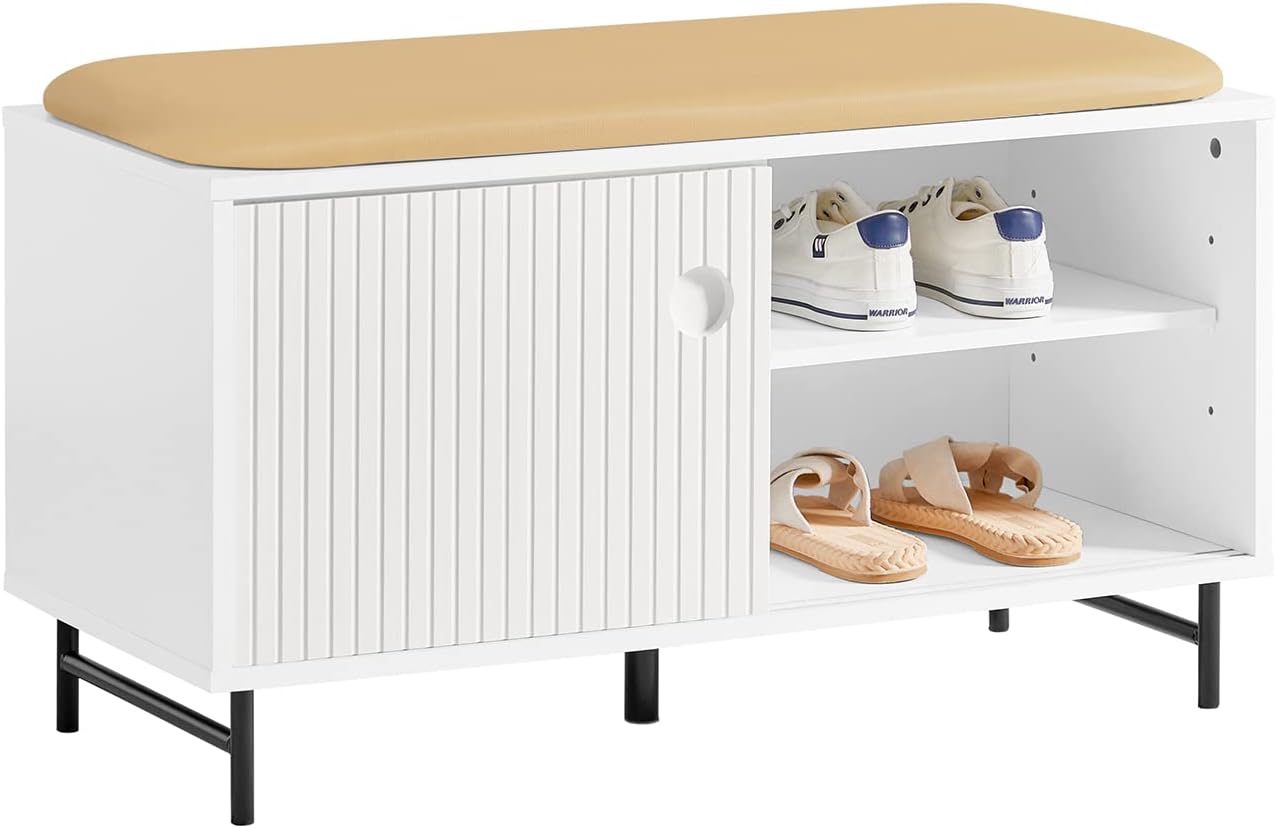 SoBuy FSR116-W Schuhbank mit Sitzfläche und Schiebetüren Sitzbank mit Stauraum Dielenbank Schuhtruhe Garderobenbank Sitzkommode Schuhregal schmal Weiß BHT ca.: 85x49x37cm