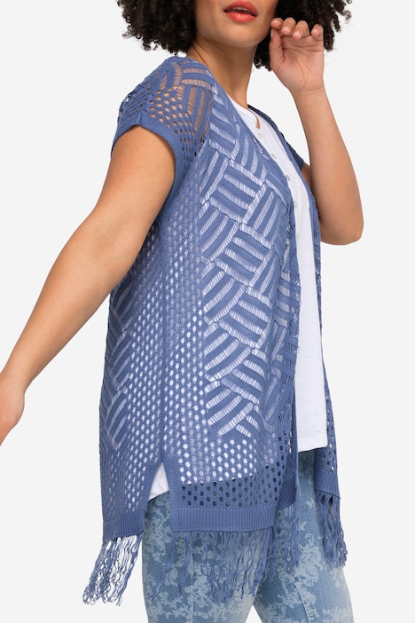 Strickjacke, Relaxed Fit, Lochstrick, offene Form, Fransensaum, Halbarm
