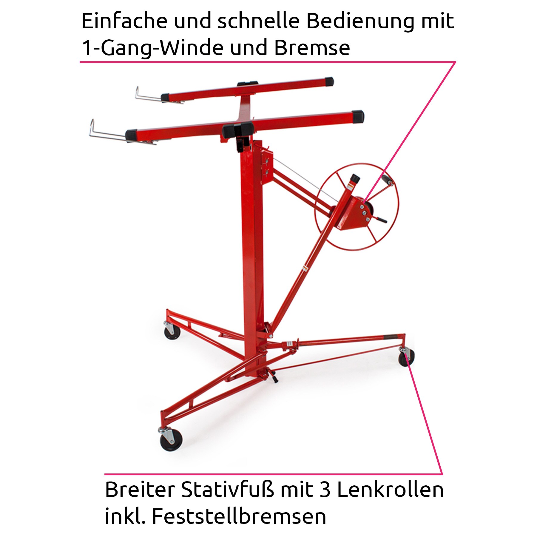 tectake® Plattenheber, 1-Mann-Bedienung, neigbar, breite Stativfüße mit 3 Lenkrollen inklusive Feststellbremsen
